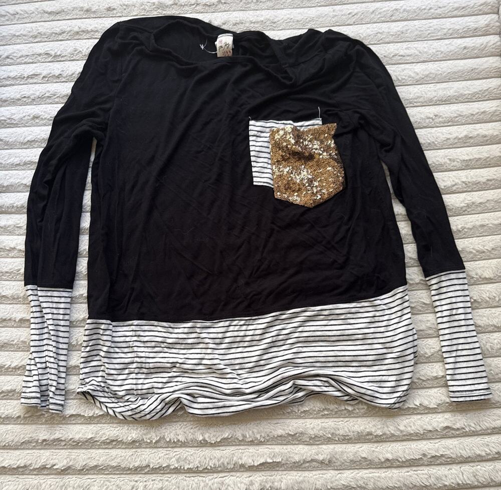 7th Ray Black & Striped Tunic Top Glitter Pocket Small Rayon Spandex Bust XL